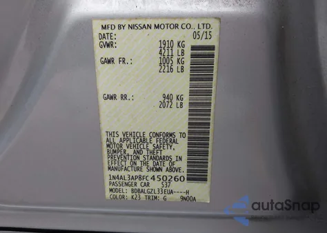 2015 Nissan Altima 2.5 S из США, поврежденный, VIN 1N4AL3AP8FC450260